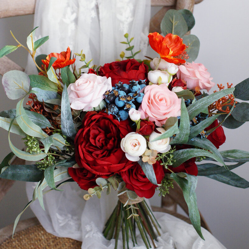 SESTHFAR-باقة الفاوانيا الوردية والأحمر ، زهور وهمية ، راموس صناعي ، Novia ، زينة الزفاف #1