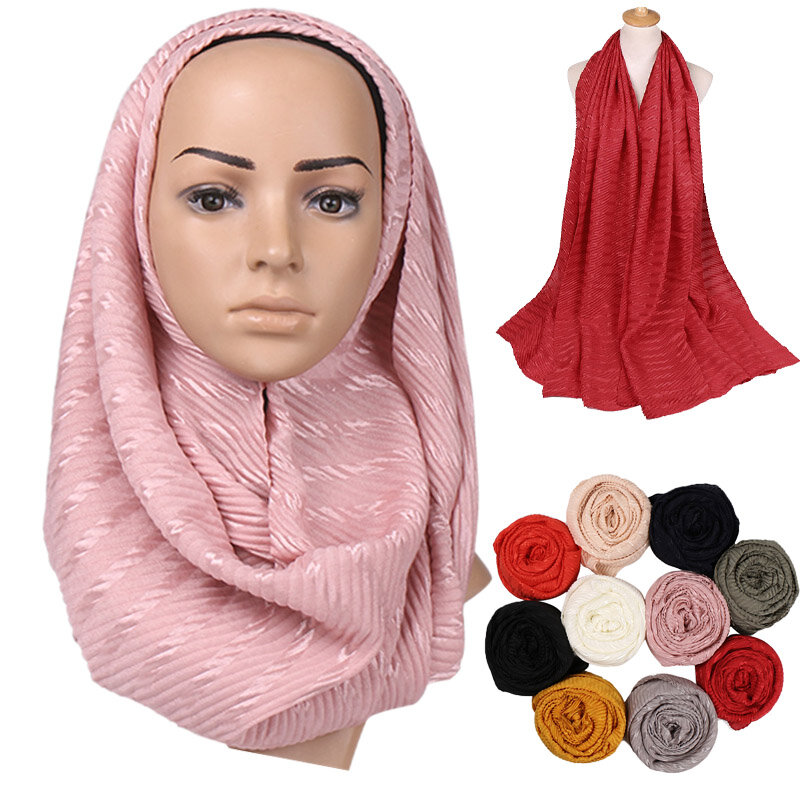 عالية الجودة التجعيد القطن الحجاب عادي تموج وشاح المرأة التجاعيد الصلبة الألوان الفتيات شال الأوشحة مسلم طويل يلتف الباشمينا