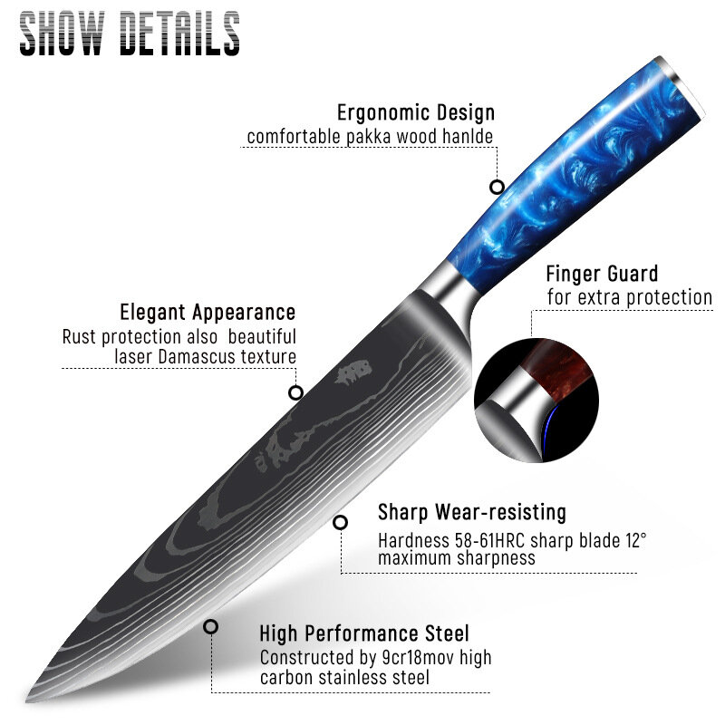 دمشق سكين الشيف السكاكين اليابانية سكّين من نوع Santoku 7Cr17mov عالية الكربون الفولاذ المقاوم للصدأ الخضار اللحوم سكينة للطبخ
