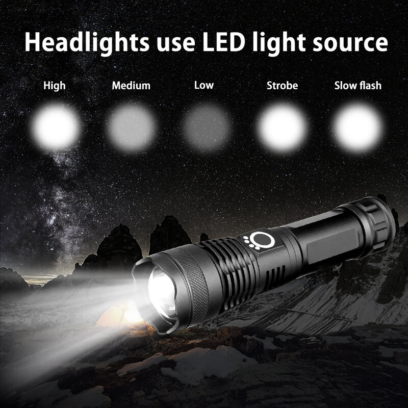 مصباح ليد جيب التكتيكية LED مصباح شعلة XHP50 قوية للتخييم في الهواء الطلق التكبير USB قابلة للشحن ضوء فلاش الصيد LED فانوس