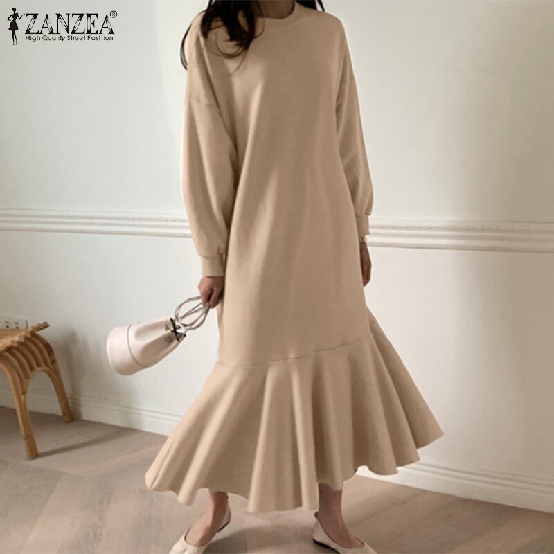 ZANZEA موضة النساء بلوزات فساتين 2022 ملابس علوية بأكمام طويلة للربيع كشكش فستان ماكسي Vestidos عادية الصلبة فضفاض المتضخم رداء 7