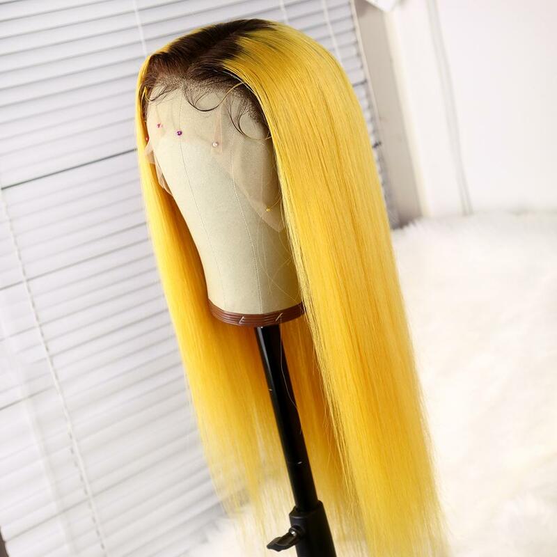 Ombre Yellow Straight Human Hair Wig With Black Roots Wig With Baby Hair Brazilian Remy Lace Wigs 180 Density