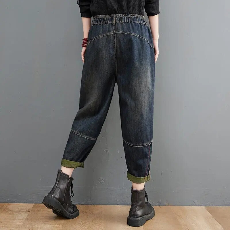 سراويل جينز حريمي عالية الخصر بتصميم عتيق من قماش الدنيم الأدبي سراويل حريمي للخريف فضفاضة من أزياء الدهون ملم سراويل هارلان البرية الرقيقة A780 #2