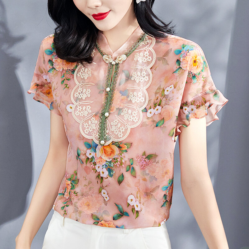 الصينية نمط المرأة الوردي قميص أنيق اليوسفي طوق قصيرة الأكمام التطريز 100% الحرير الطبيعي الحقيقي سيدة الأزهار طباعة بلوزة