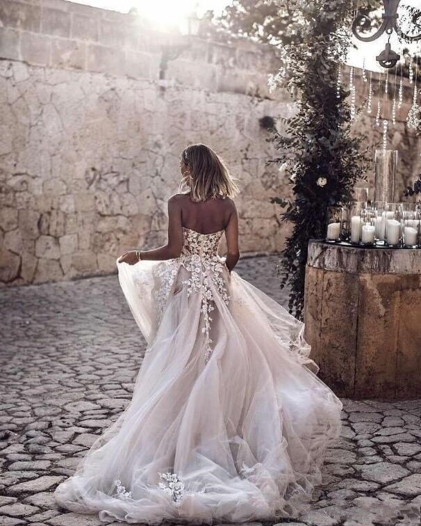 فستان زفاف بوهو 2021 Vestido De Novia سويت هارت ذيل محكمة بدون حمالات فساتين العروس ثلاثية الأبعاد مزينة بالخرز الأميرة رداء