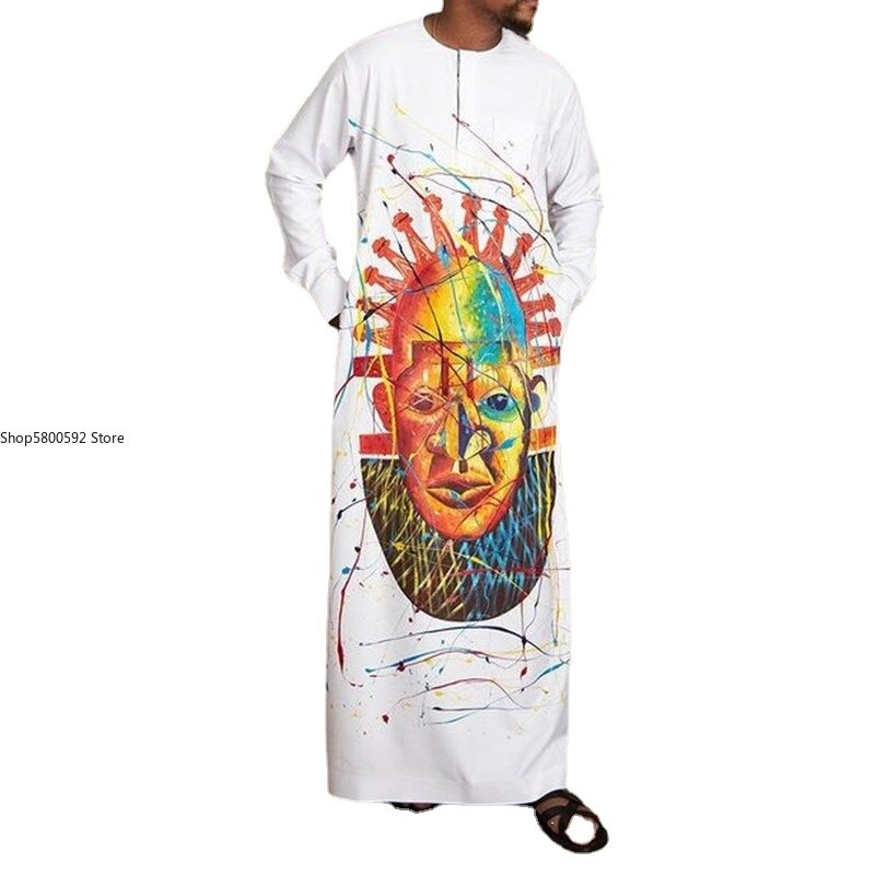 الإسلام عباية الأبيض طباعة رداء ملابس مسلم Jubba ثوب الرجال موضة الأفريقية قميص طويل التقليدية بأكمام طويلة رداء غير رسمي #1