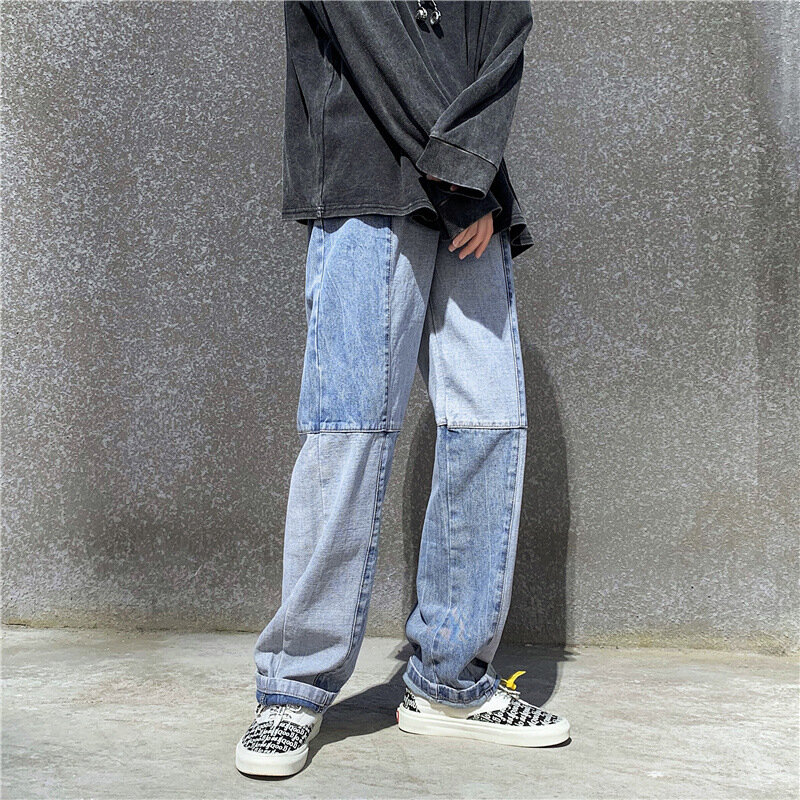 الكورية نمط الرجال الموضة الدنيم واسعة الساق السراويل 2021 جديد الخريف فضفاض مستقيم الساق الجينز سراويل جينز بألواح الذكور