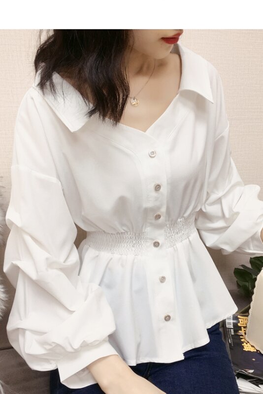 Chikichi 2021 ربيع وخريف جديد الكورية نمط موضة الخصر الخامس الرقبة التخسيس البطن كومة الأكمام مخطط زر قميص المرأة