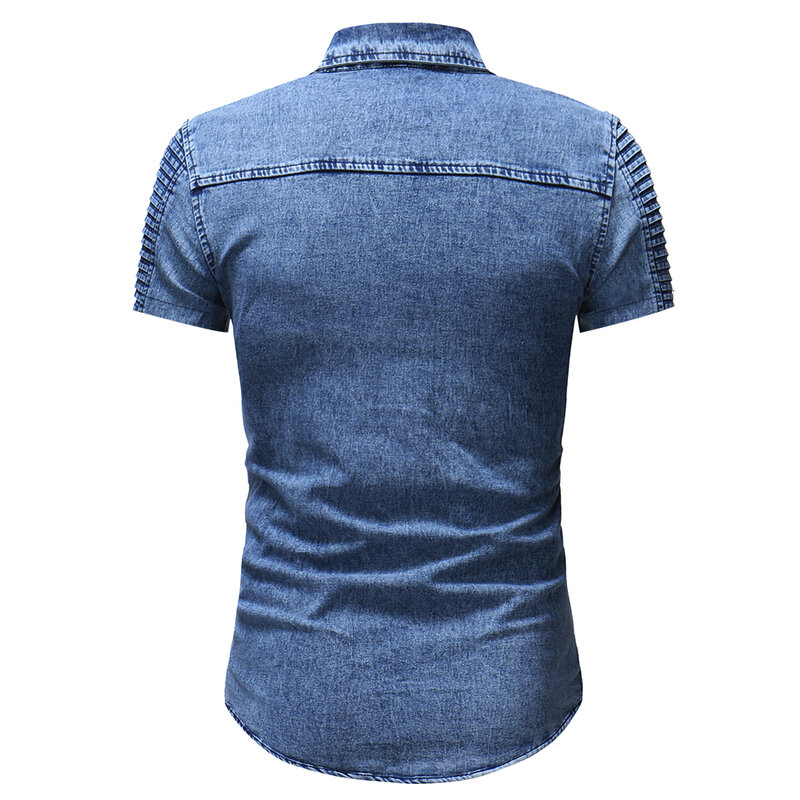 2022 الصيف رجل سليم صالح كم قصير قميص دينيم الرجال عادية زر الهيب هوب المتعثرة الجينز قميص الذكور قميص أزرق