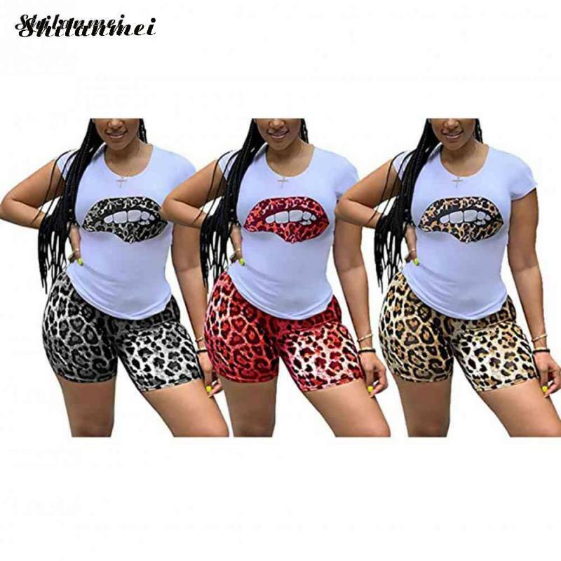 Plus Size Leopard Two Piece Set Tracksuit Lips Short Sleeve Top & Shorts Suits Club Party Matching Sets 2 Pcs Outfits for Women