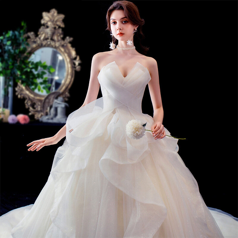 2021 فستان زفاف بدون حمالات مع فرشاة ذيل دانتيل حتى حفلة الزفاف ثوب كلاسيكي رداء De Mariee مخصص Vestido Noiva