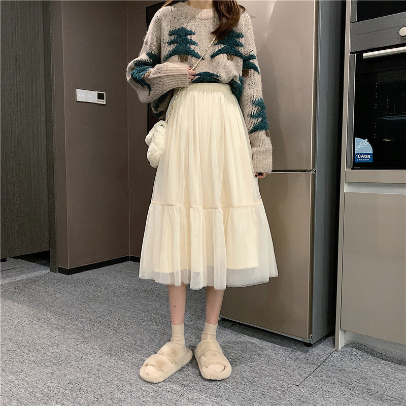 المرأة الشاش تنورة الخريف الكورية نمط تول تنورة عالية