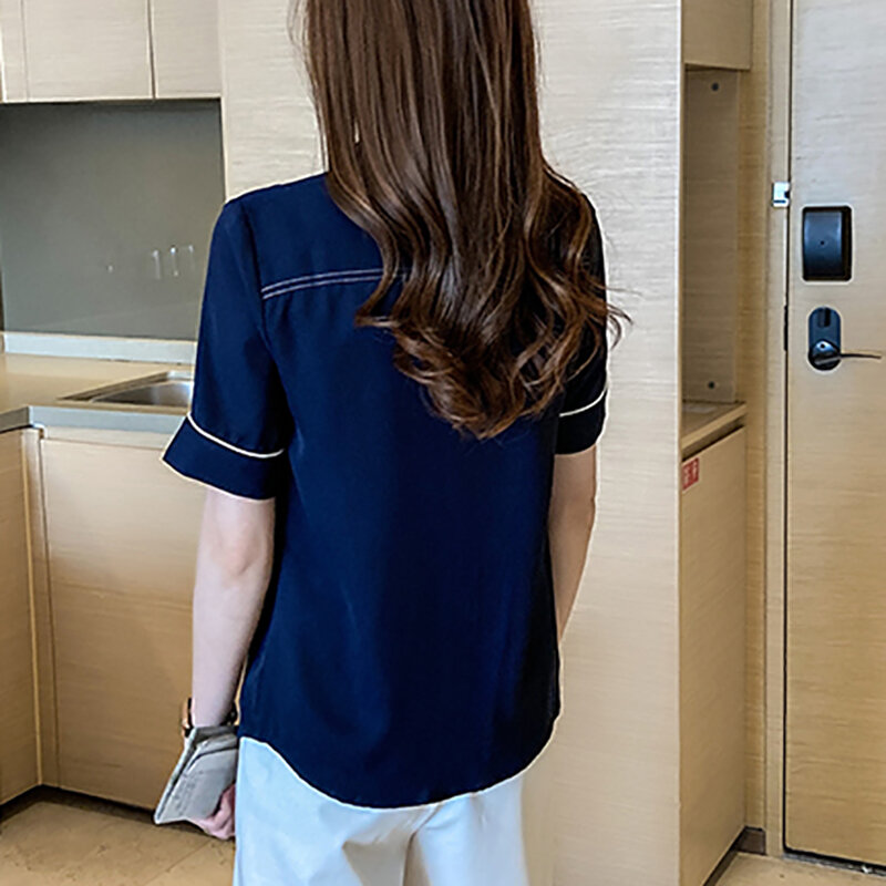 موضة قميص المرأة 2021 بلوزات الصيف قصيرة الأكمام مكتب قمصان عادية الأبيض امرأة الملابس زر بلوزة شيفون الكشمير فام