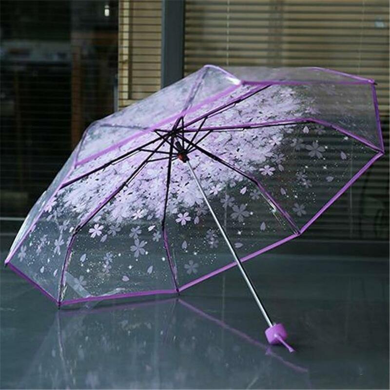 رائجة البيع مظلة أوتوماتيكية مظلة شفافة زهر الكرز شفافة ثلاثية أضعاف مظلة مظلة قابلة للطي