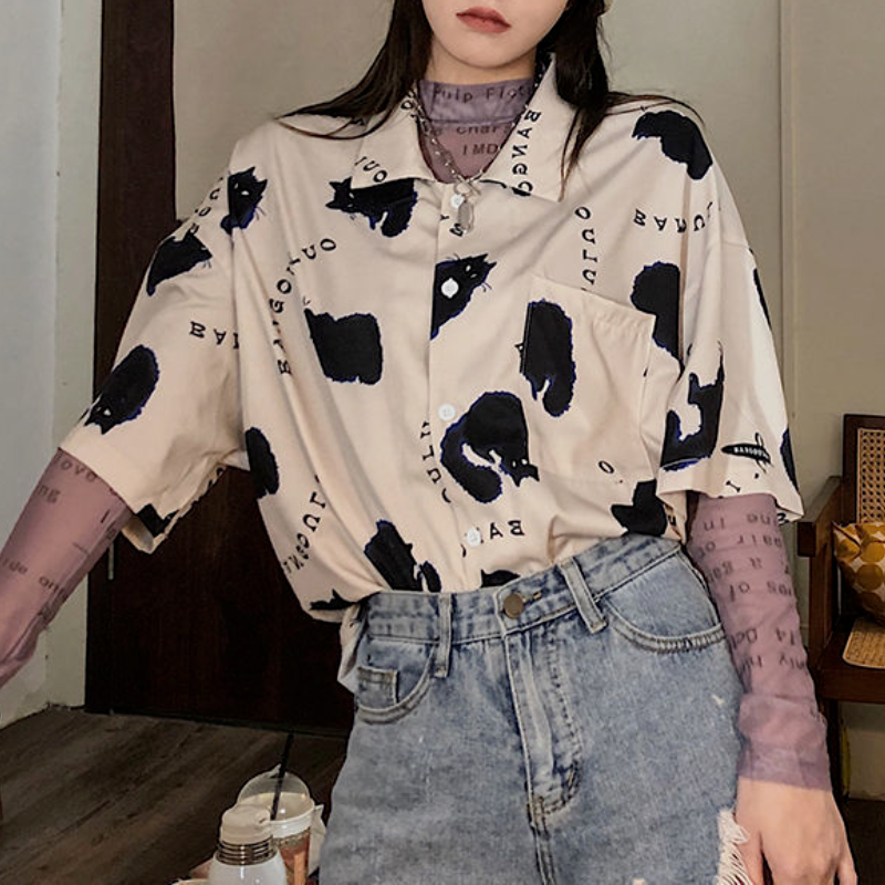 QWEEK الحيوان طباعة سترة للنساء Harajuku زر حتى قميص الكورية 2021 موضة خمر بلوزة قصيرة الأكمام الإناث بلوزة غير رسمية