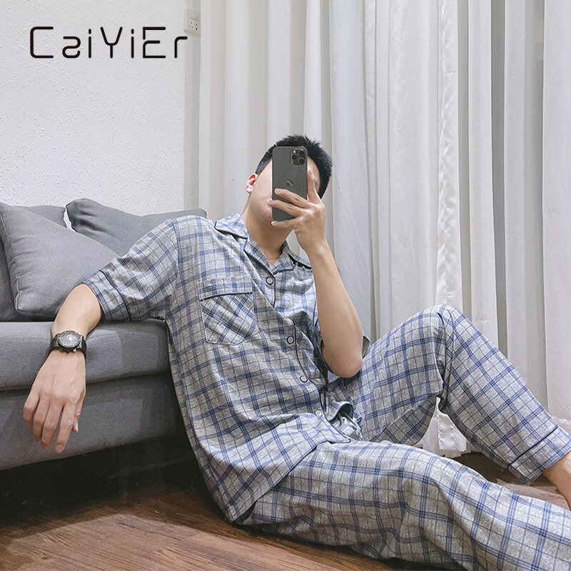 CAIYIER 2021 الصيف Homewear الرجال القطن منامة قصيرة الأكمام ملابس خاصة منقوشة طباعة الأولاد عادية فضفاض القطن ملابس نوم L-3XL
