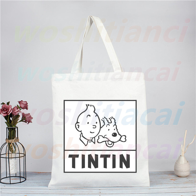 الكرتون TINTIN مضحك حقيبة تسوق ايكو قماش المتسوق Bolsas دي تيلا حقيبة التسوق قابلة لإعادة الاستخدام Sacolas