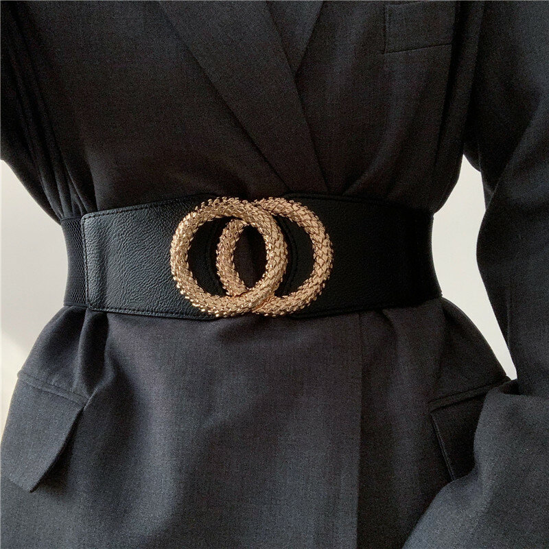 جديد واسعة الخصر ل معطف المرأة الأسود مطاطا Cummerbunds فستان سبائك الذهب دائرة كبيرة مشبك الأحزمة فتاة الموضة الخصر الختم