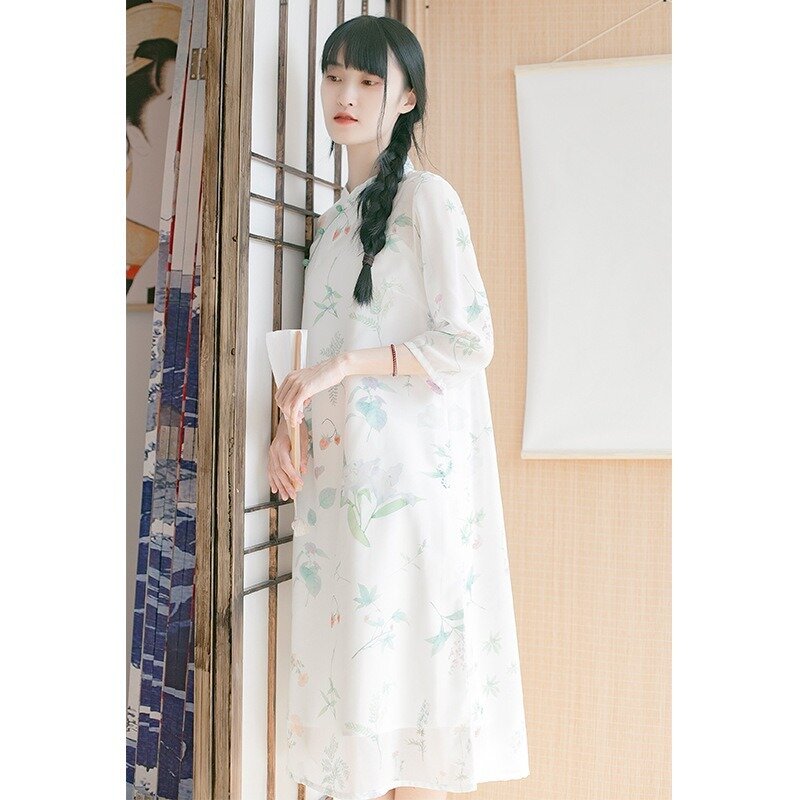 ملابس نسائية أصلية متوسطة الطول مطبوعة للخريف والشتاء ، نمط صيني محسّن ، ملابس يومية للنساء