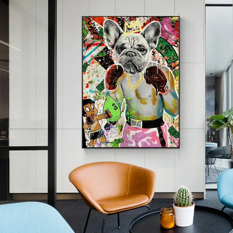 مضحك الملاكمة جرو مع تاج قماش اللوحة الحيوان الكتابة على الجدران المشارك و يطبع جدار الفن كوادروس صورة للمنزل ديكور هدية