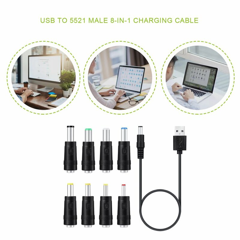 كابل شحن USB متعدد الوظائف ، كابل شحن ذكر 8 في 1 مع قابس تيار مستمر قابل للتبديل 5521