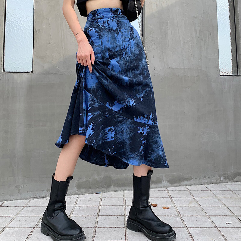 تنورة زرقاء صيفية مربوطة كتلة ميدي كول فتاة ملابس الشارع القوطية الأسود الكشكشة حورية البحر عالية الخصر التنانير النسائية غير الرسمية 2021
