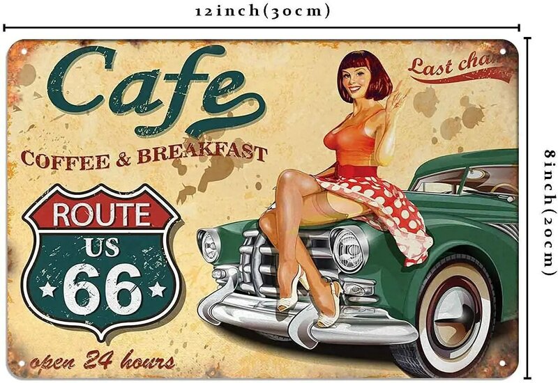 USA Route 66 مقهى Breakfast الجدار ملصق معدني اللوحة تين تسجيل الرجعية الديكور مضحك معلقة الحرف لغرفة المعيشة مكتب