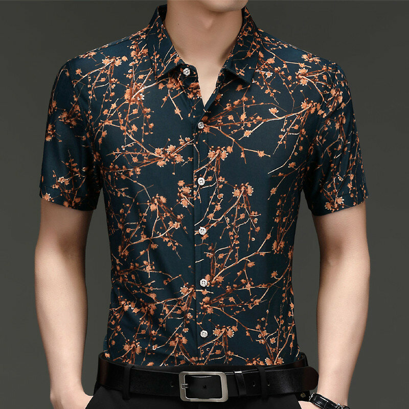 منتصف العمر الرجال عادية قصيرة الأكمام التلبيب الأزهار قميص رقيقة الصيف العرقية نمط زهرة قصيرة الأكمام قميص رجل T قميص