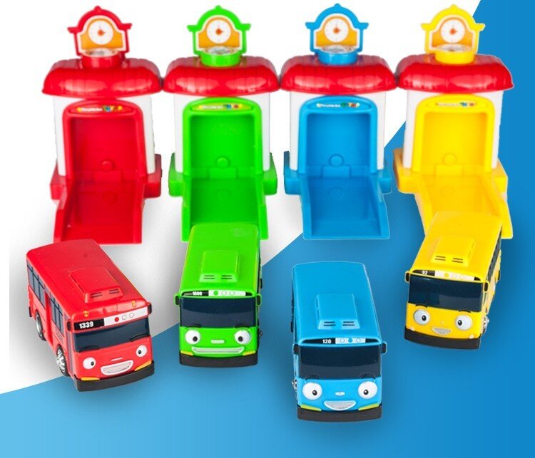 [مضحك] 4 قطعة/المجموعة نموذج مقياس تايو حافلة صغيرة الأطفال مصغرة حافلة الطفل oyuncak المرآب تايو حافلة طرد تأثير سيارة
