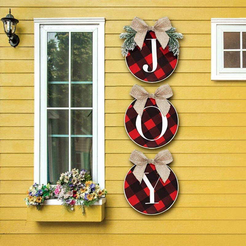 Joy Sign-زخرفة الكريسماس للباب الأمامي ، منزل ريفي من الخيش ، زخرفة عطلة خشبية لجدار النافذة أو المزرعة