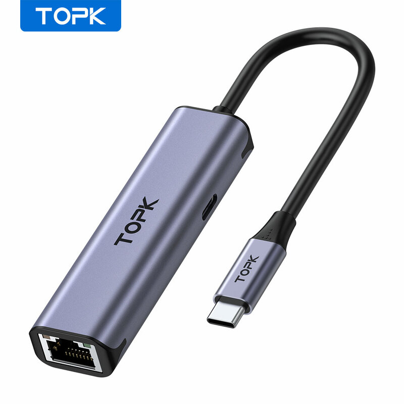 TOPK LH-21 Hub USB C إيثرنت محول شبكة 2 في 1 نوع C إلى RJ45 و USB C محول لأجهزة الكمبيوتر المحمول ماك بوك USB إيثرنت بطاقة الشبكة