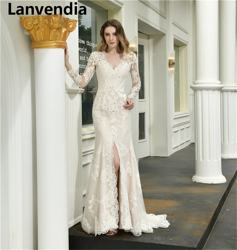 Lanvendia-فستان زفاف مزين بالدانتيل ، أكمام طويلة ، مثير ، ياقة على شكل v ، حورية البحر ، مقاس كبير ، 2020