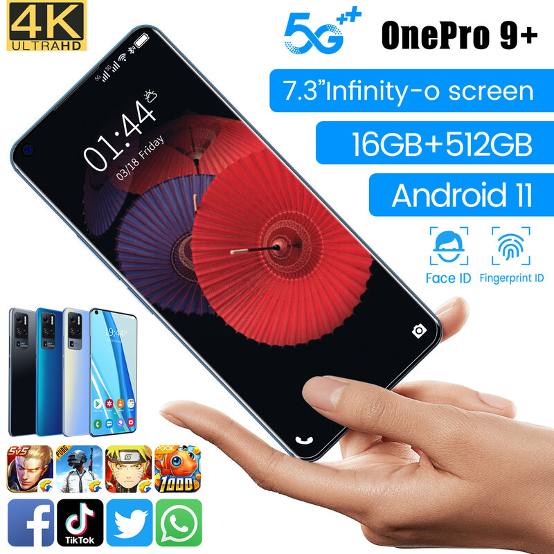 هاتف ذكي جديد OnePro موديل عالمي 9 + 5G مع كاميرا 64MP وشاشة 7.3 بوصة عالية الدقة Android11 16G 512G MTK6889 + Deca Core هاتف محمول