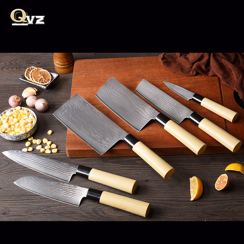 Qvzالشيف سكين Damascus1-6 قطعة مجموعة المطبخ سكين التقشير سكّين من نوع Santoku اليابانية قطع سكين تقطيع اللحوم سكين الخضار