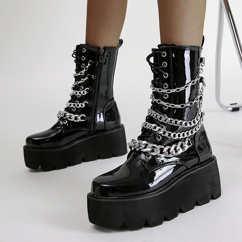 2021 شتاء جديد المرأة الأحذية موضة جولة تو سميكة سوليد سلسلة معدنية سستة الدانتيل براءات الاختراع والجلود إسفين كعب حذاء من الجلد
