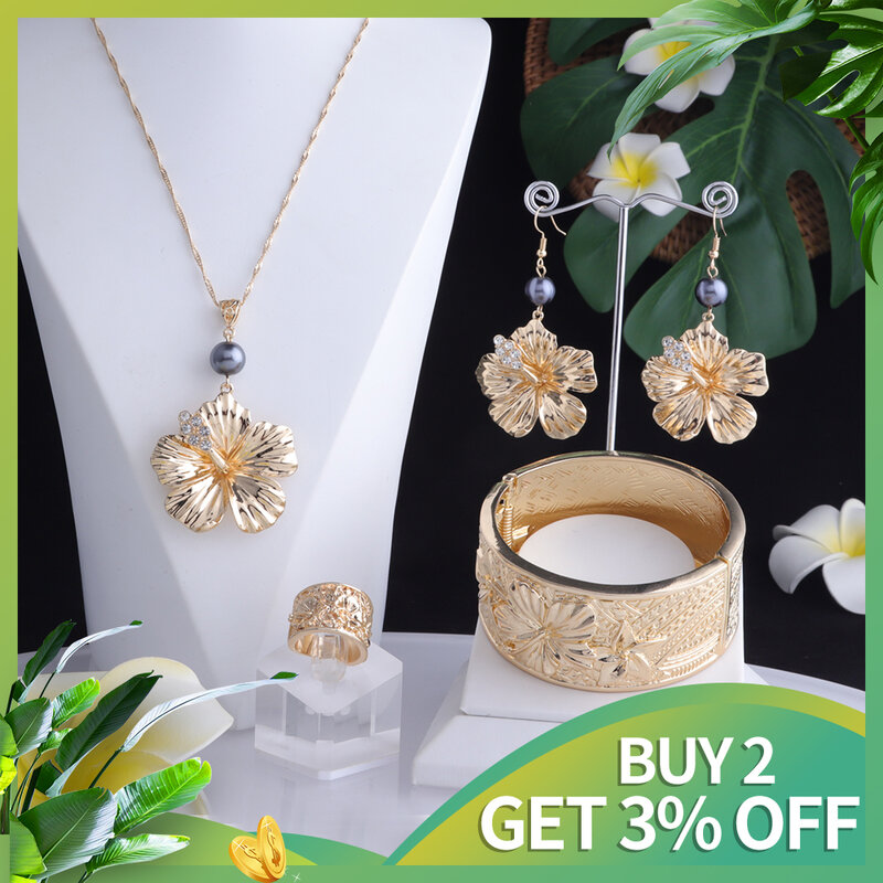 طقم مجوهرات بتصميم هاواي زهور الكركديه البولينيزية أساور واسعة أساور قلادة مجموعات مجوهرات مجموعة للنساء الأم