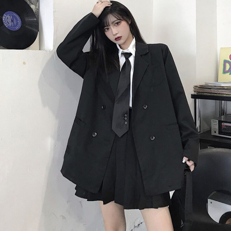 بدلة كورية سوداء بلازرات ملابس خارجية طويلة الأكمام للنساء مزدوجة الصدر رقيقة تناسب معطف 2021 جديد ملابس الربيع الرسمية للنساء