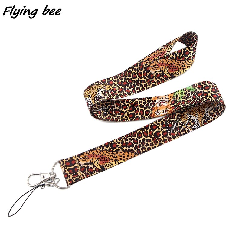 Flyingbee-سلسلة مفاتيح بطبعة جلد الفهد مع طباعة حيوان ، وحزام رقبة للهاتف ، وبطاقة الهوية ، ورباط إبداعي X1246