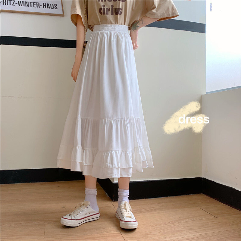 فستان أبيض تنورة عالية الخصر للنساء صيف 2021 جديد منتصف تنورة طويلة ألف خط للطلاب الحب الأول Harajuku فستان المرأة