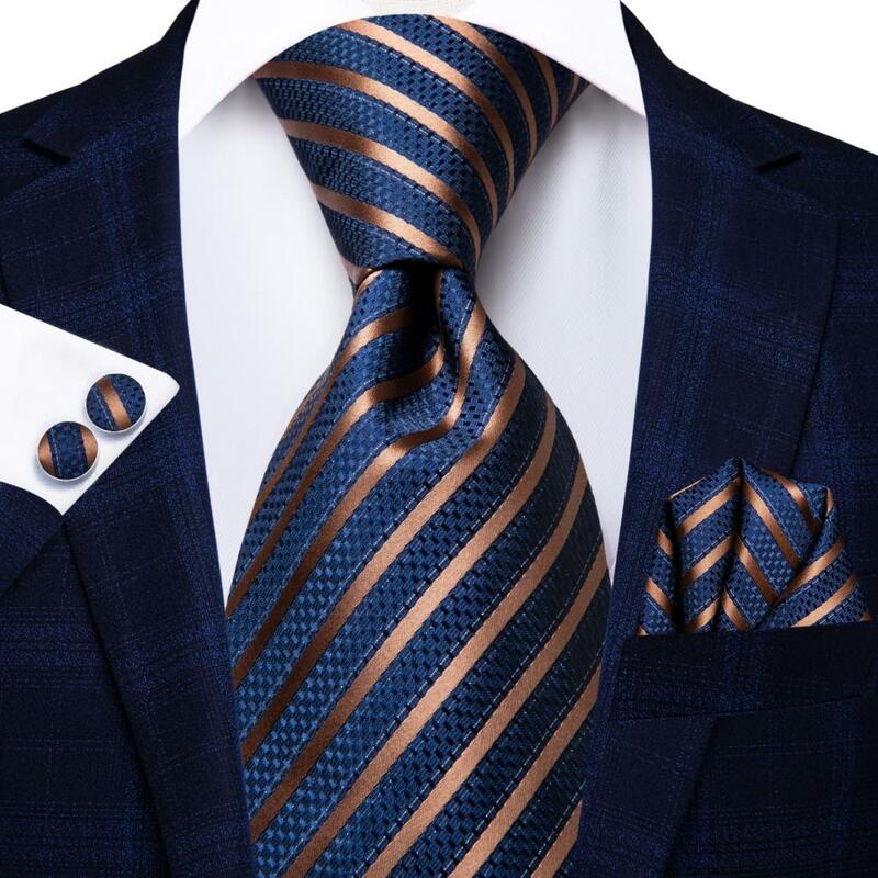 مرحبا التعادل الأزرق الداكن مخطط الصلبة الحرير الرجال الزفاف التعادل هدية ربطة العنق للرجال جودة Hanky زر الكم الأعمال مصمم أزياء الحفلات #3
