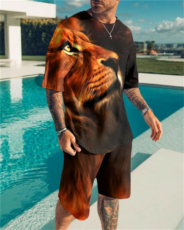 Lion الملك 2022 موضة عادية ماركة الرجال ملابس رياضية قصيرة الأكمام ثلاثية الأبعاد الطباعة الرجال لباس غير رسمي الرجال الرياضة دعوى 2 قطعة مجموعة