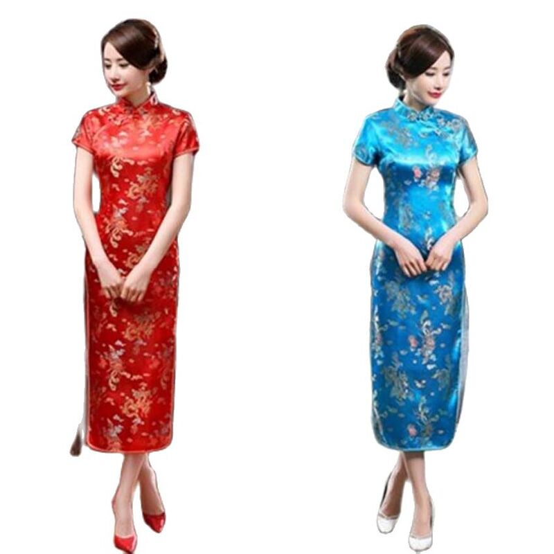 رائجة البيع شحن مجاني الكلاسيكية الصينية المرأة الحرير الساتان طويل شيونغسام السيدات جميلة مساء حفلة ثوب الزفاف
