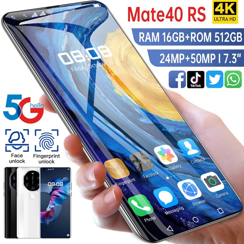 الهواتف الذكية Mate40 RS 7.3 "Deca Core 50MP بشريحتين سنابدراجون 888 أندرويد 11.0 شبكة 16G 512G الإصدار العالمي للهاتف المحمول