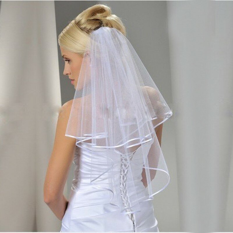 جديد طبقتين الشريط حافة طرحة زفاف قصيرة مع مشط أبيض 2 طبقات الحجاب الزفاف اكسسوارات الزفاف 2021
