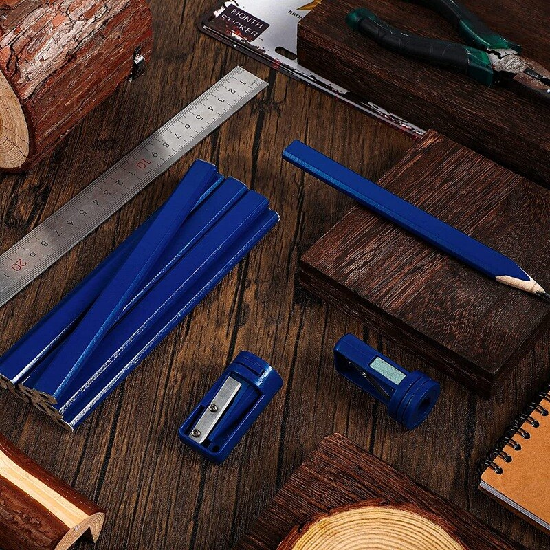 16 قطعة أقلام نجار و 2 قطعة برايات أقلام رصاص ، البناء قلم رصاص الأزرق في 7 بوصة ، شقة مثمنة بمناسبة قلم رصاص