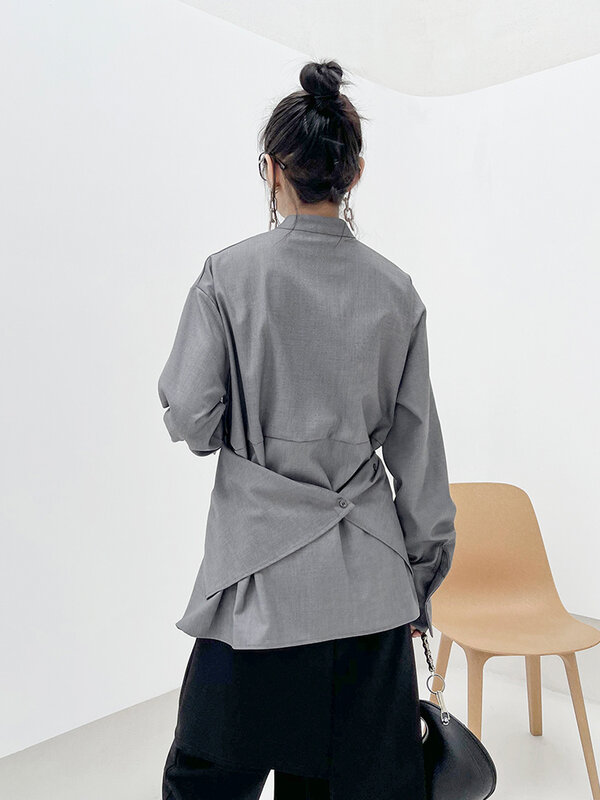 XUXI 2021 ربيع الخريف رقيقة قميص المرأة طويلة الأكمام غير النظامية الربط Top قمة الموضة رسم الظهر ضئيلة البلوزات E4353