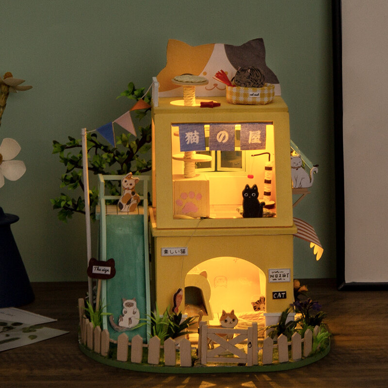Robotime Rolife بيت قطة خشبية مصغرة دمية هدايا لعب للأطفال الكبار الفتيات بيت الدمية DG149