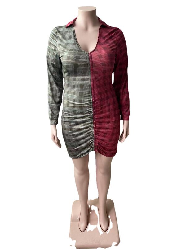 5Xl زائد حجم المرأة مثير قصيرة اللباس مع فستان بفتحة عنق على شكل v خياطة التباين مطوي اللباس مع حبل