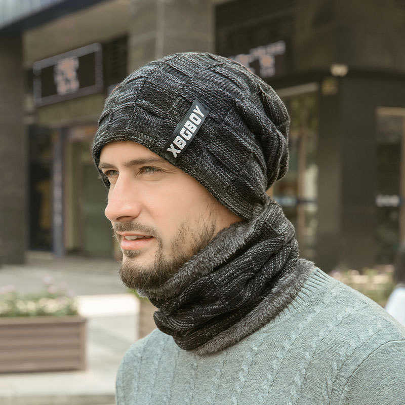 Winter Knit Hat Warm Skull Beanie Scarf Men's Cap Men Set Warmer Neck Plush and thickened cap