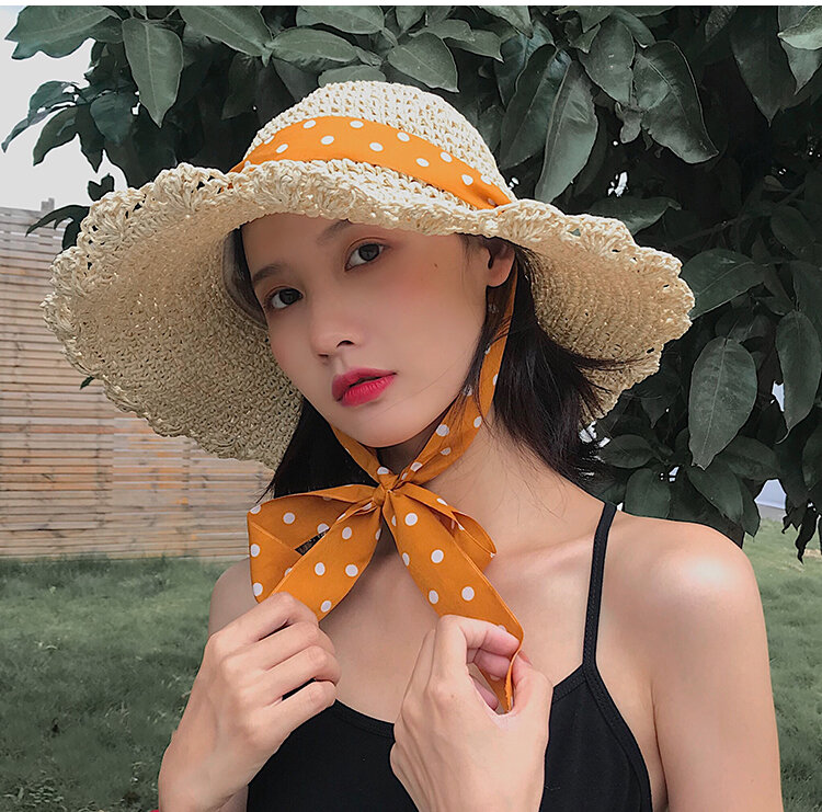 النمط الياباني ضمادة القماش القش الكورية الإناث الصيف البولكا نقطة الذاتي التعادل قبعة للشاطئ إيندي شاطئ البحر عطلة الحماية من الشمس